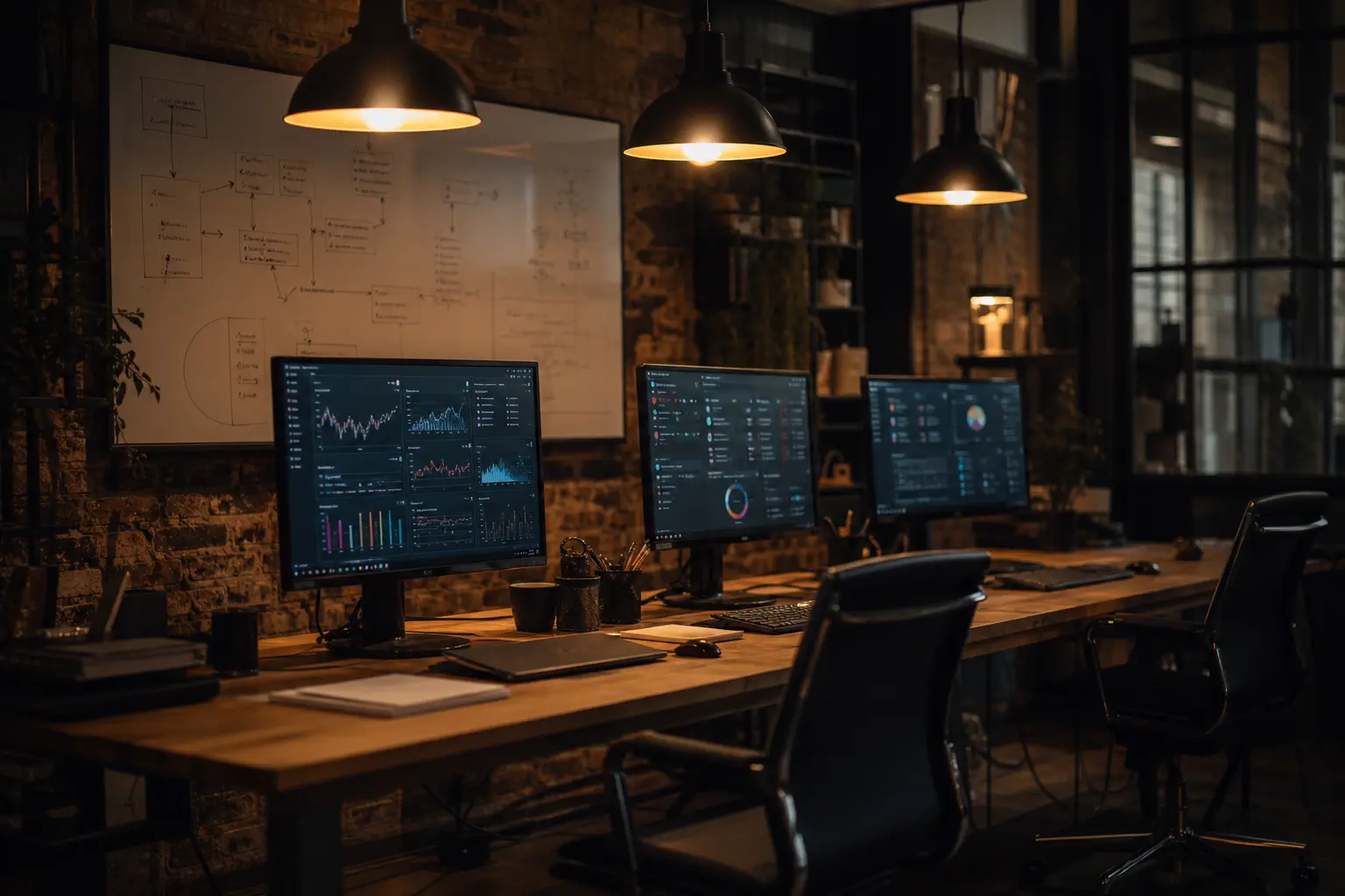 Operations team reviewing automation dashboards in a workshop office