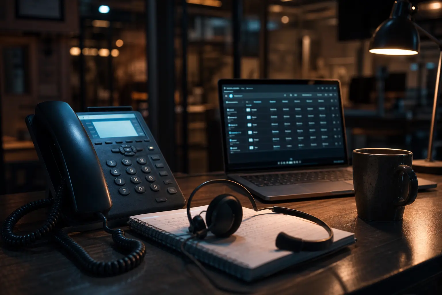 Dispatch desk with headset, phone and call dashboard in a warmly lit office