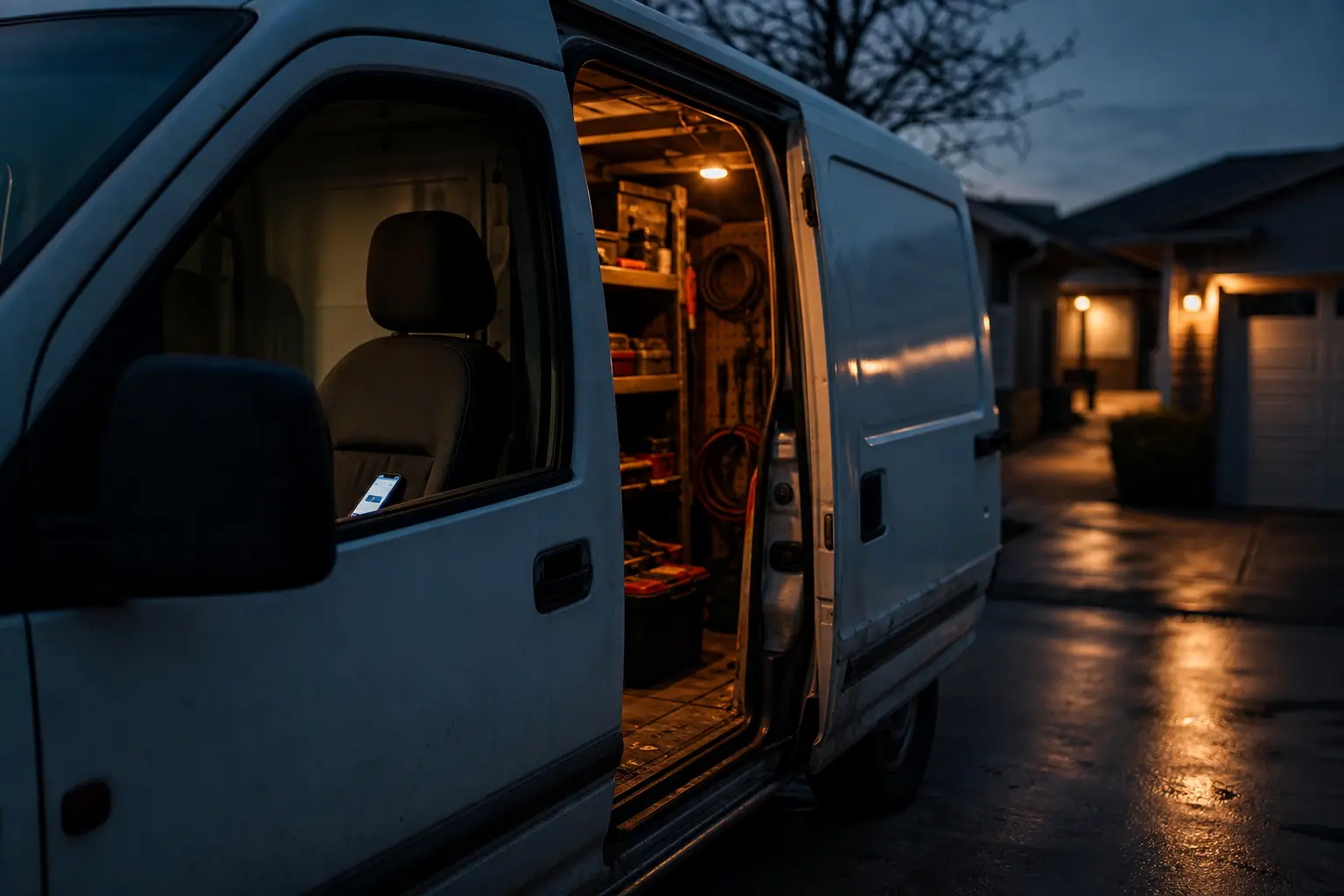 Service van with technician answering a call outside a customer property