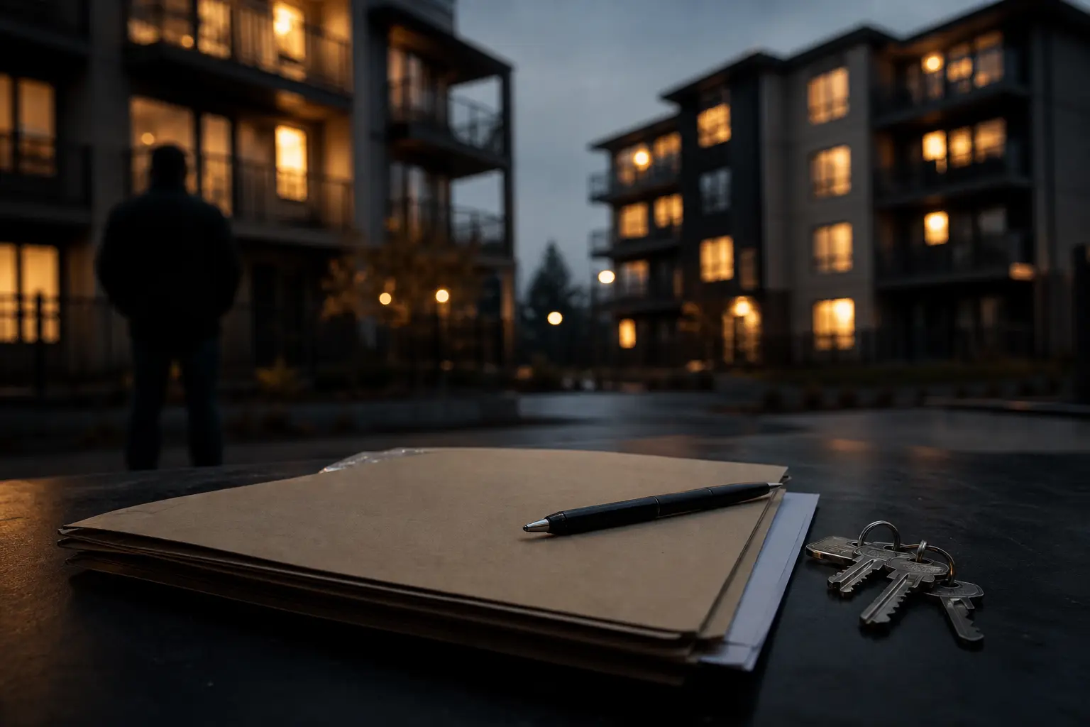Managed residential buildings with a filing folder and keys in the foreground
