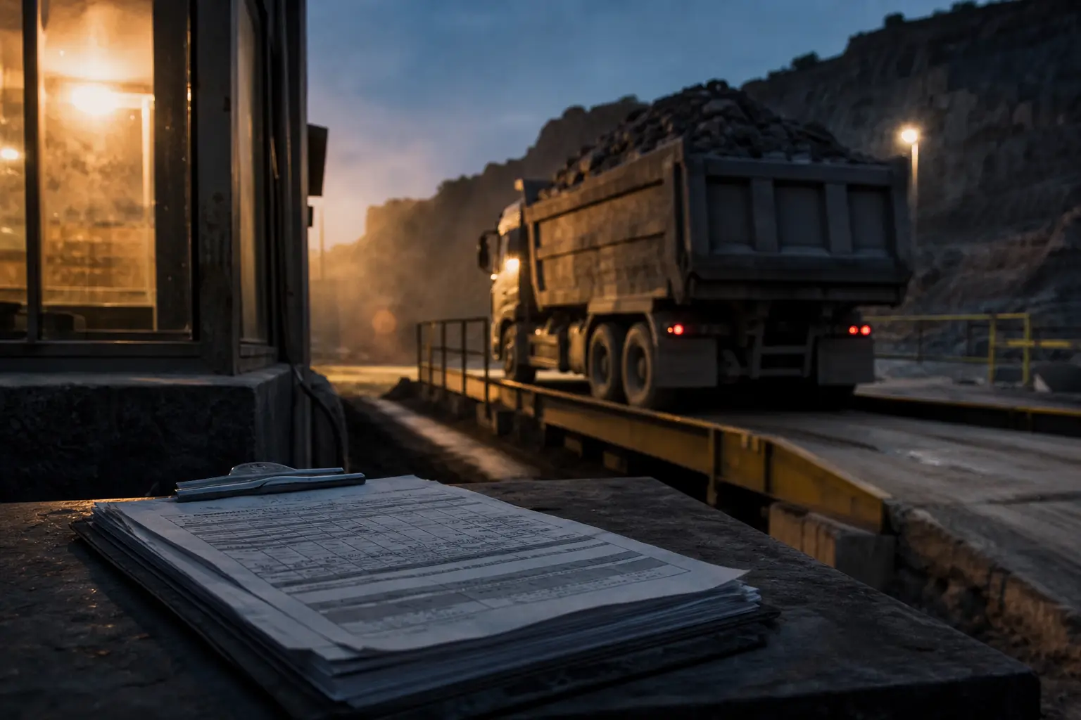 Haul truck on a weighbridge with printed tickets on a clipboard