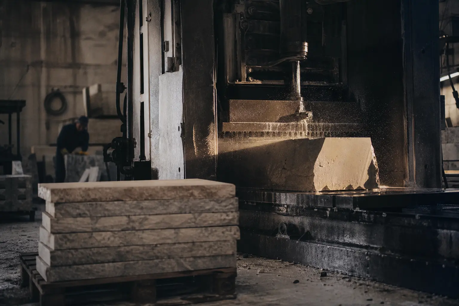 Stone guillotine cutting a limestone block with cut pieces stacked on pallets