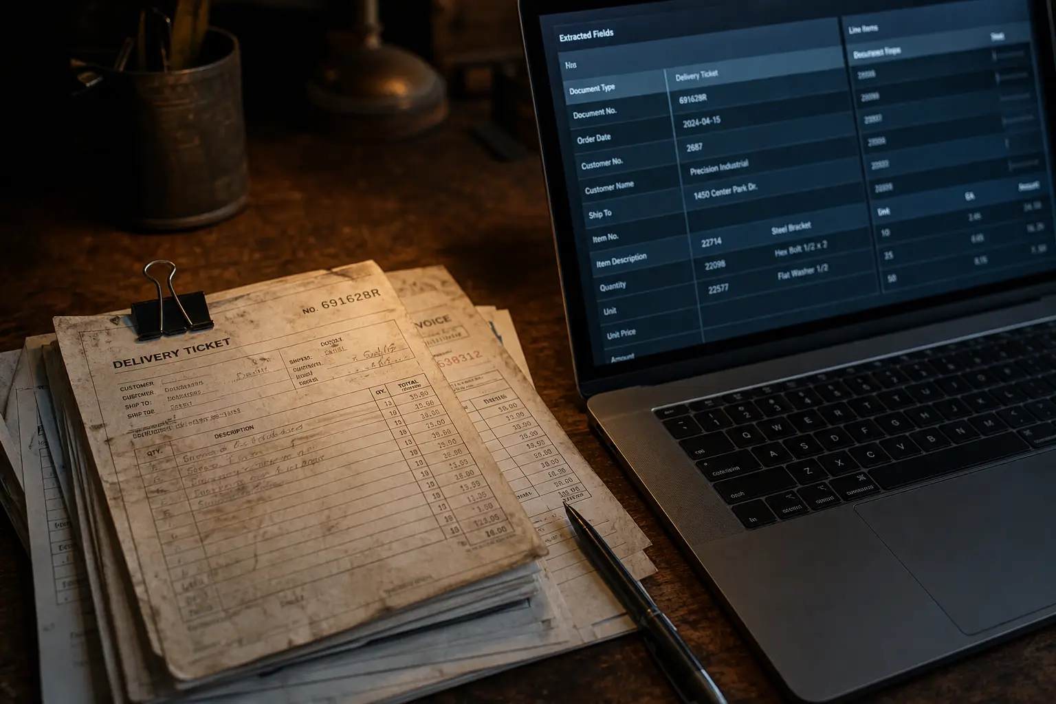 Stack of delivery tickets and invoices beside a laptop showing extracted data fields
