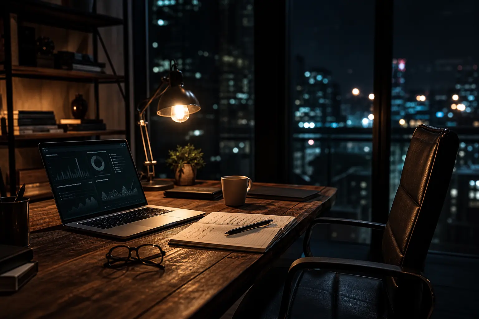 Owner's desk at night with laptop, notes and a briefing on screen