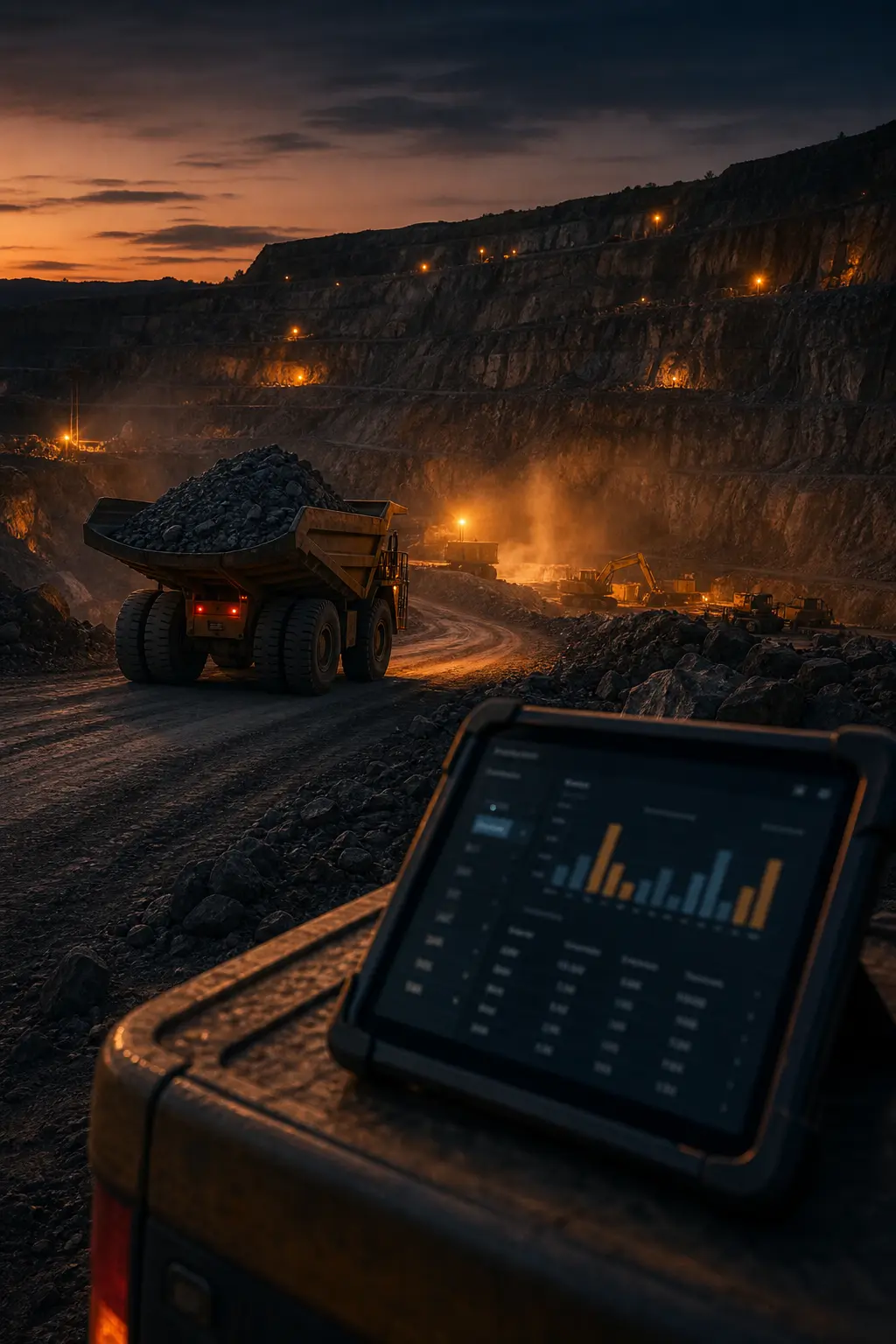 Quarry haul truck at dusk beside an operations dashboard showing tickets and tonnage