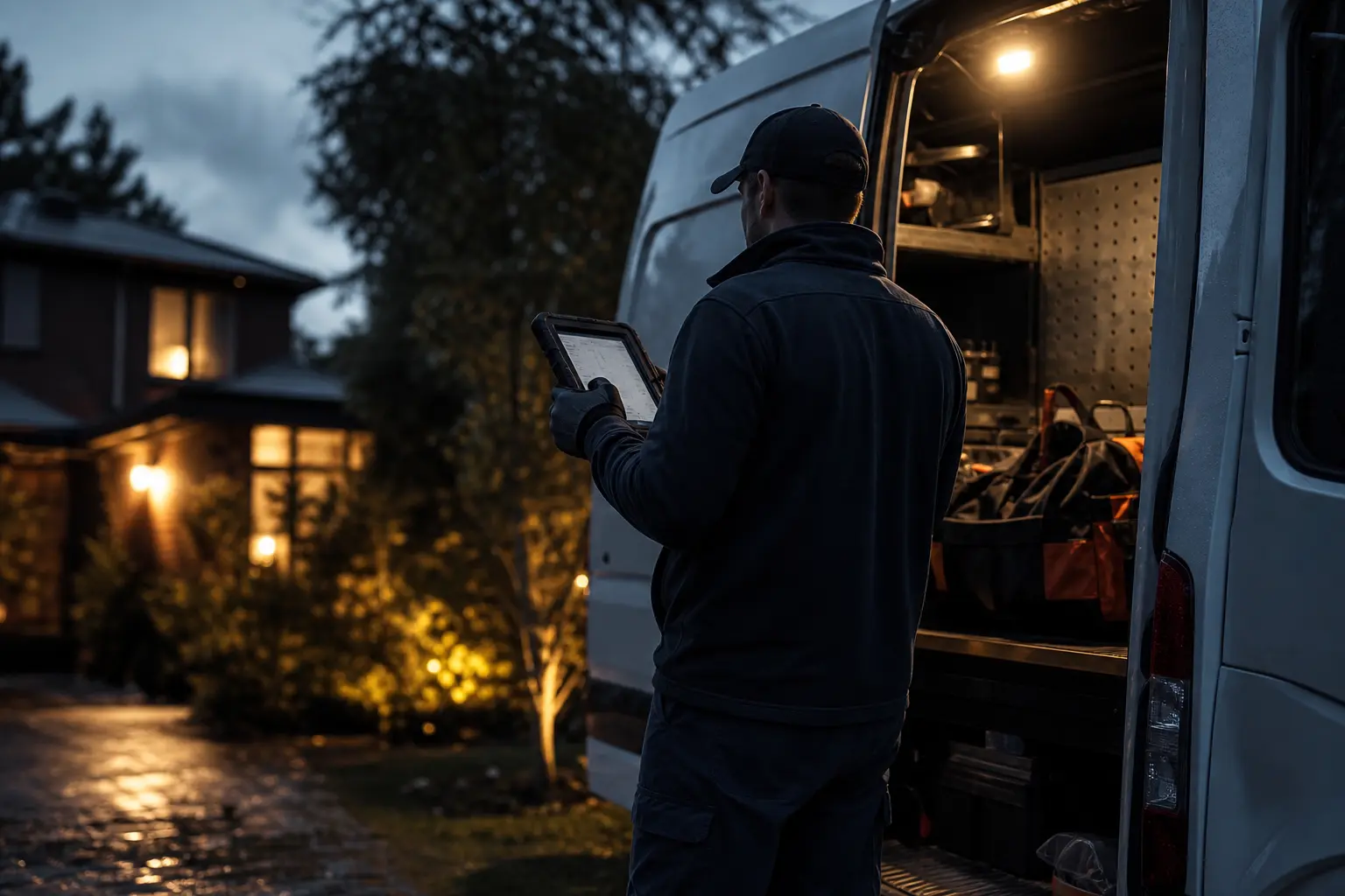 Service technician beside a work van reviewing a job on a rugged tablet