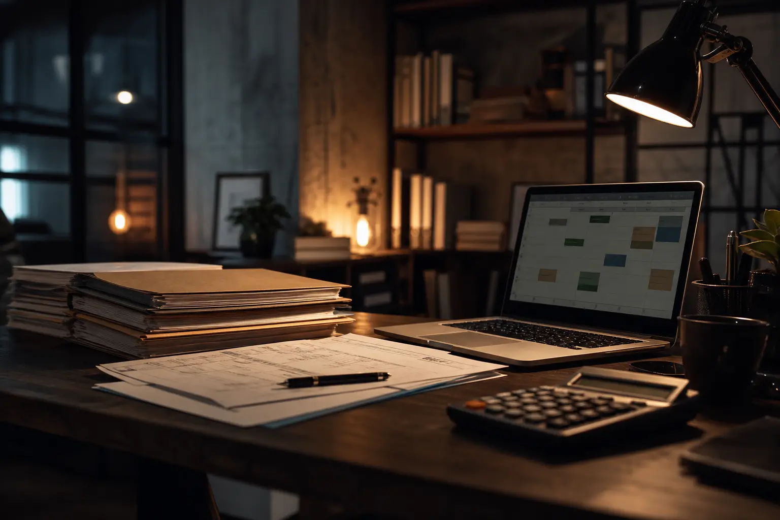 Accounting office desk with client files, calculator and a scheduled calendar on screen