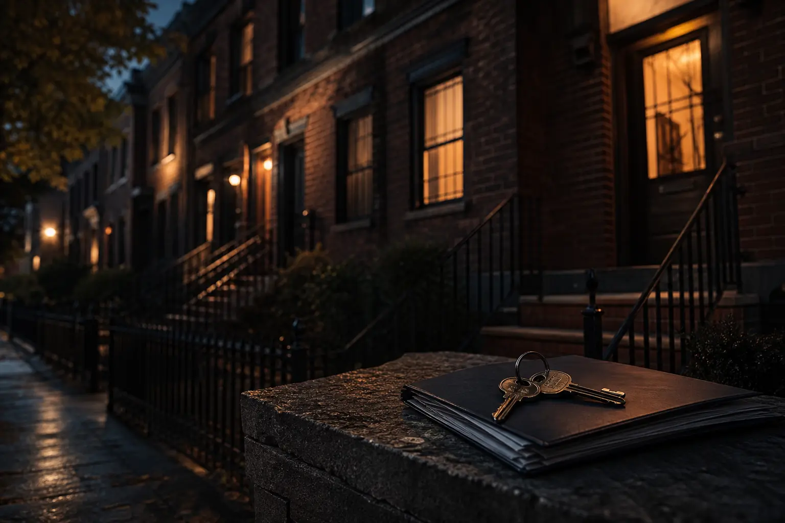 Row of managed residential properties with a document folder and keys in the foreground