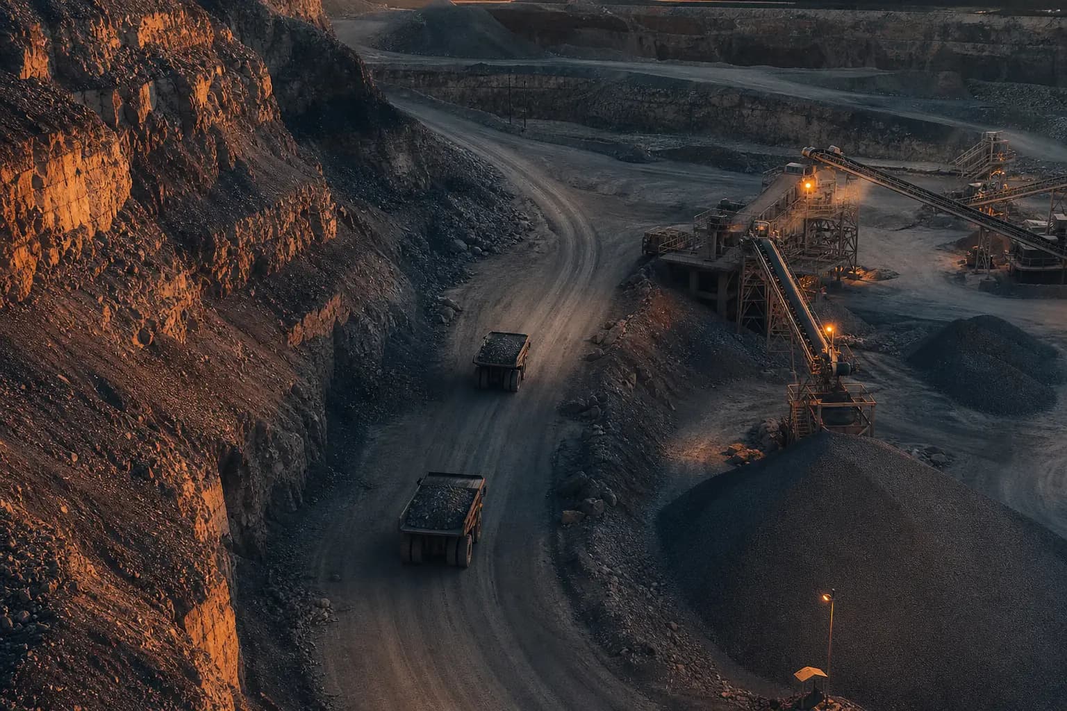 Aerial view of a limestone quarry with haul trucks and benched rock faces at dusk