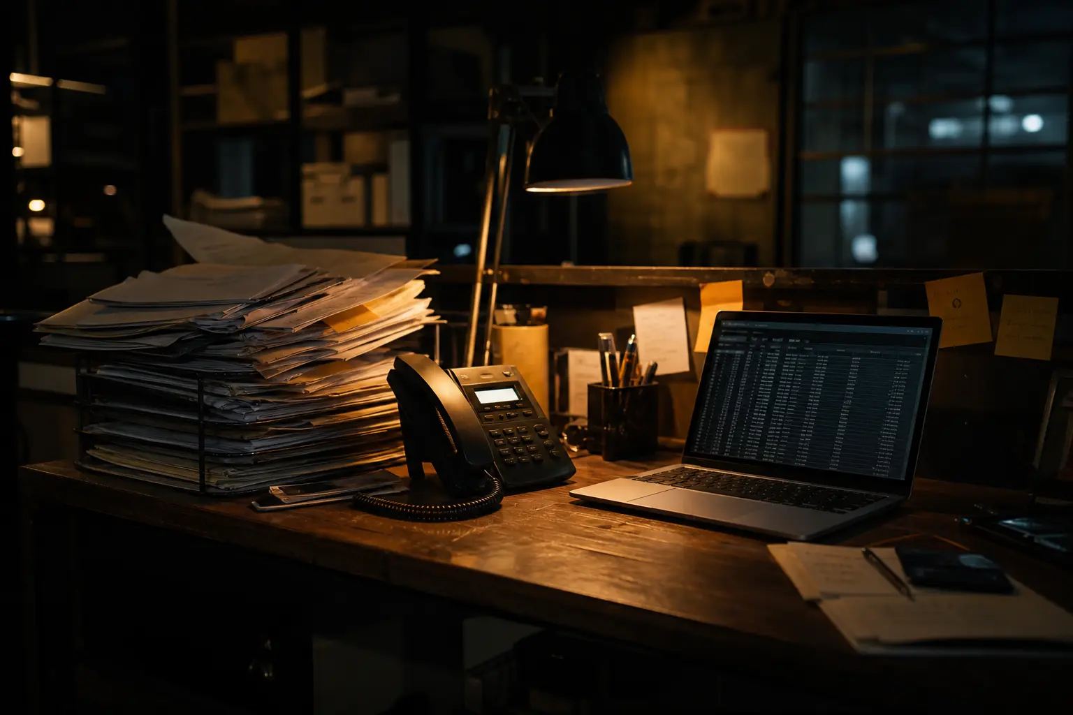 Small business office with documents, phone and laptop on a workbench