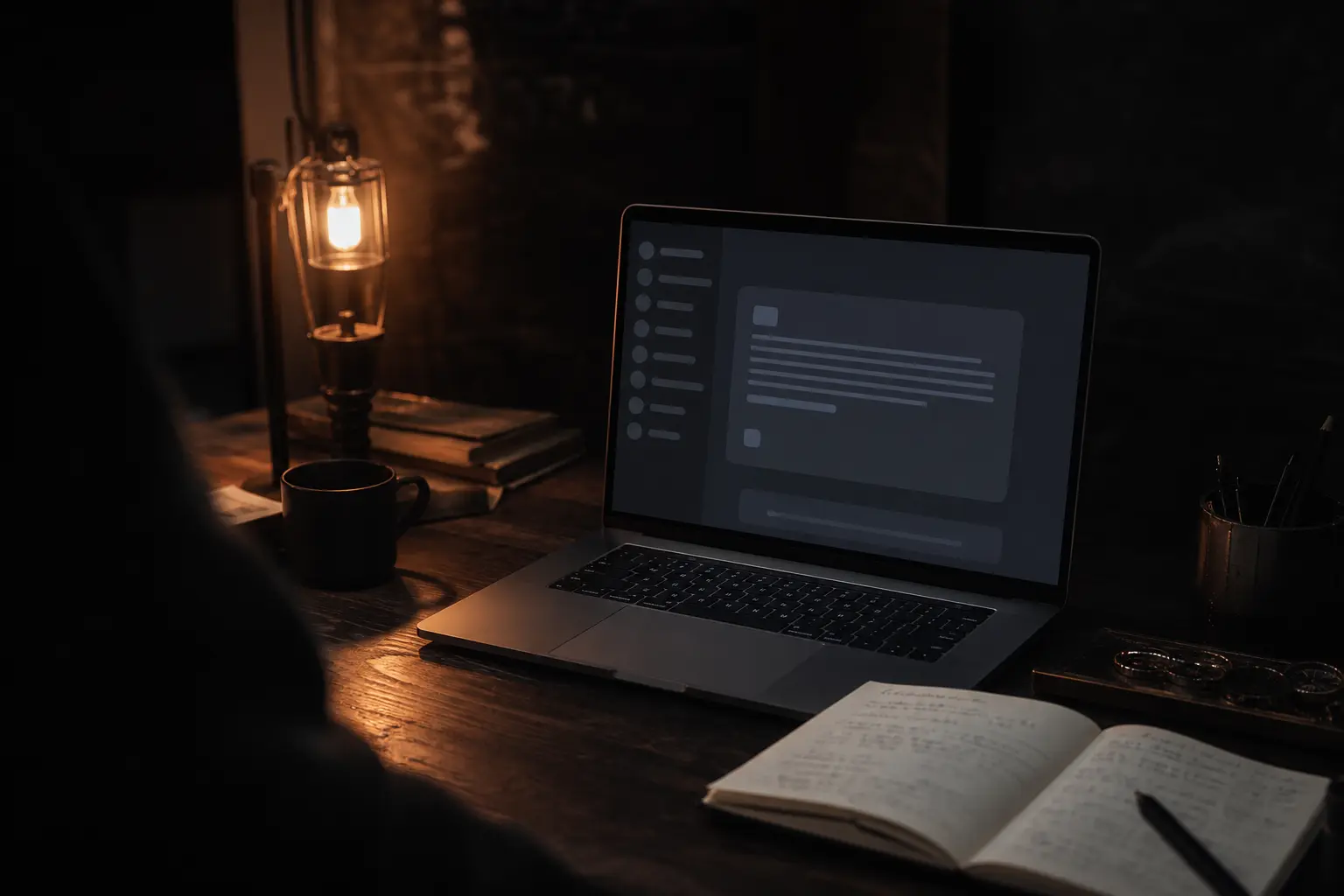 Laptop showing a search assistant answer beside notes about a business