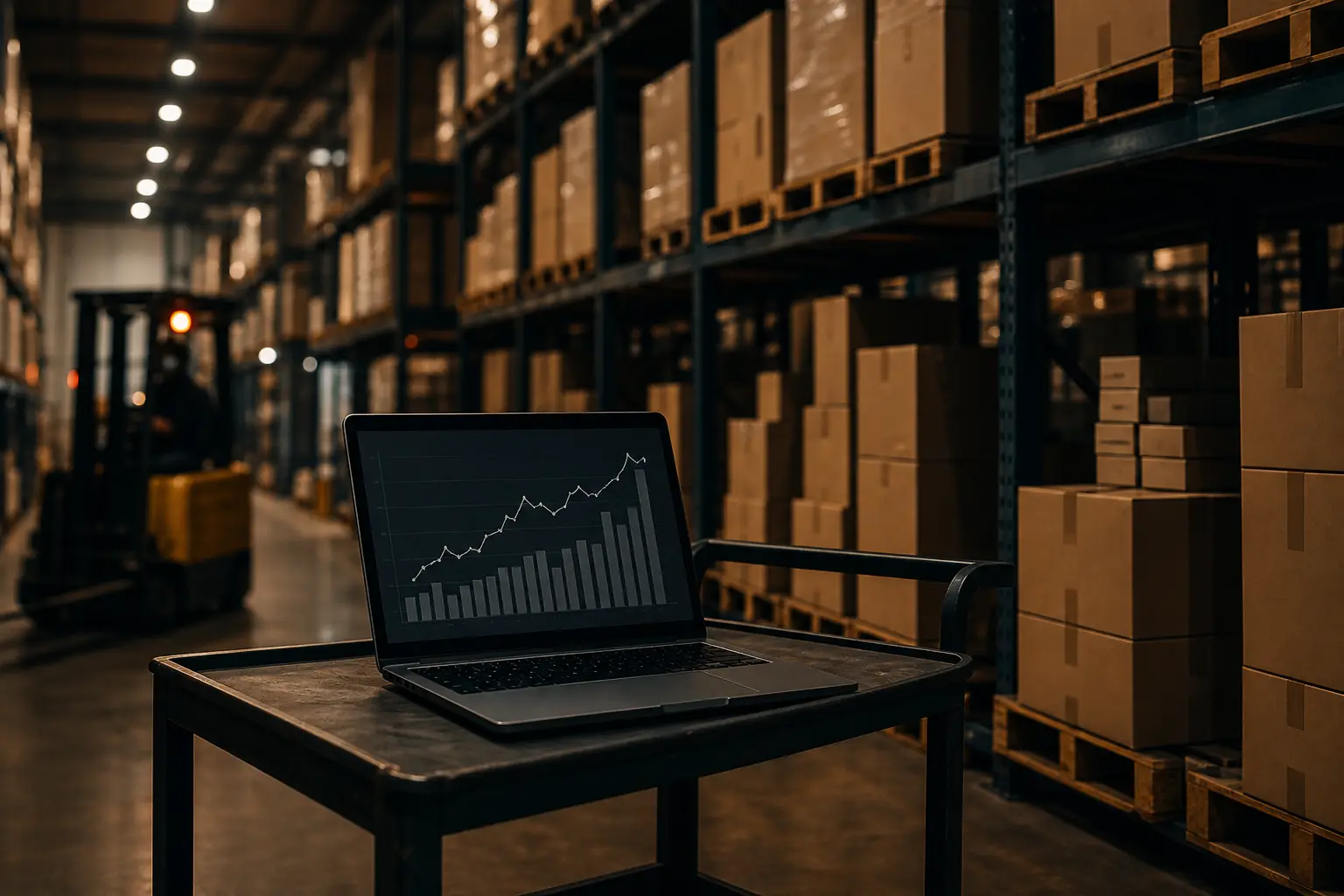 Warehouse shelving with product cartons and a margin report on a laptop