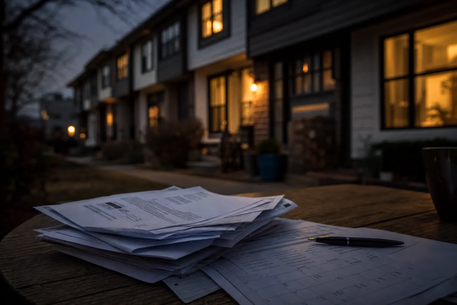 Residential buildings with a document folder and keys on a table