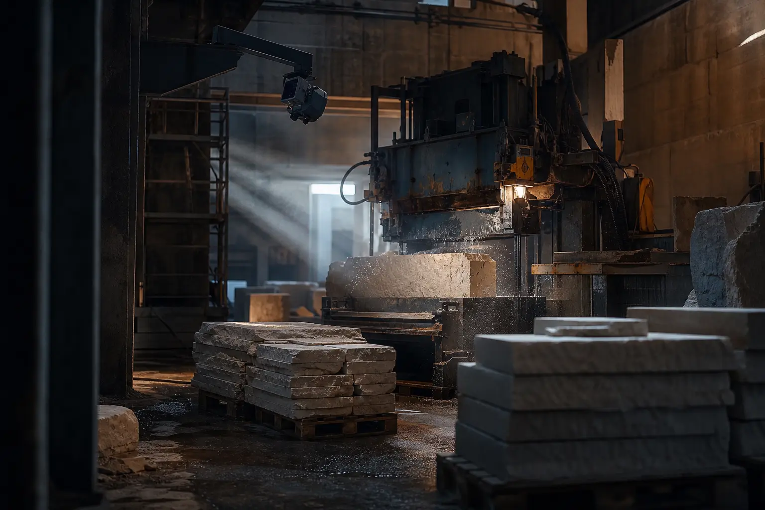 Stone cutting line with cut blocks stacked on pallets and a camera mounted above